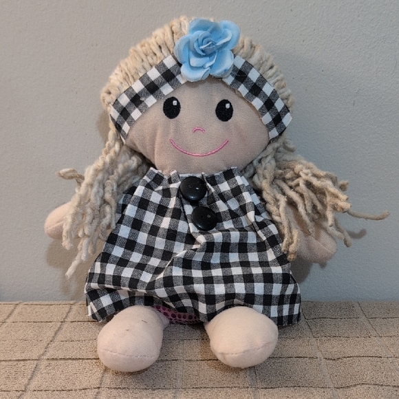 Black and White Checkered Doll with Blue Flower - Picture 1 of 1